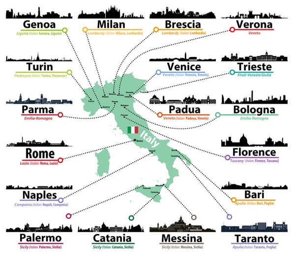 Itália Mapa Com Maiores Cidades Italianas Skylines Silhuetas Conjunto Vetor — Vetor de Stock