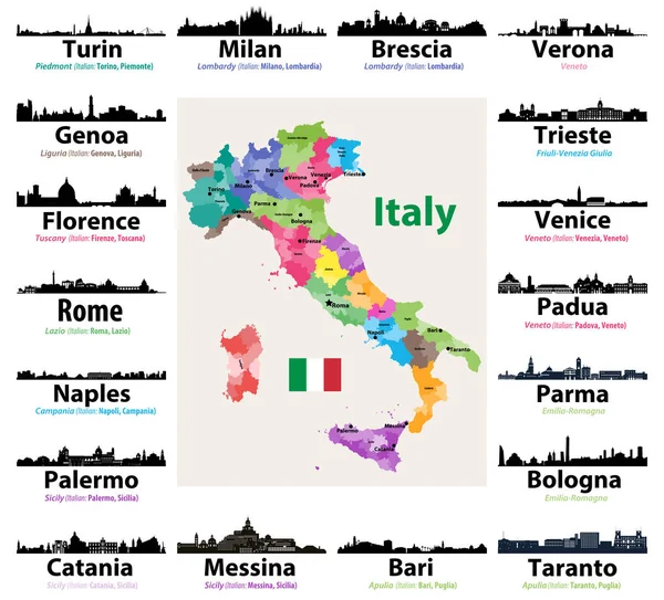 最大のイタリアの都市スカイライン シルエットでイタリアの地図 — ストックベクタ