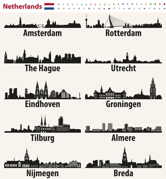 Pays Bas Grandes Villes Silhouettes Skylines — Image vectorielle