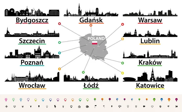 Wektor Mapa Polski Największego Miasta Sylwetki Tle Nieba Sylwetki — Wektor stockowy