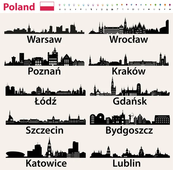 Polonia Más Grande Ciudad Skylines Siluetas — Archivo Imágenes Vectoriales