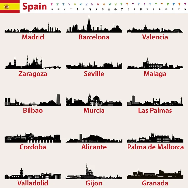 Spain Largest Cities Skylines Silhouettes Vector Set — Stock Vector