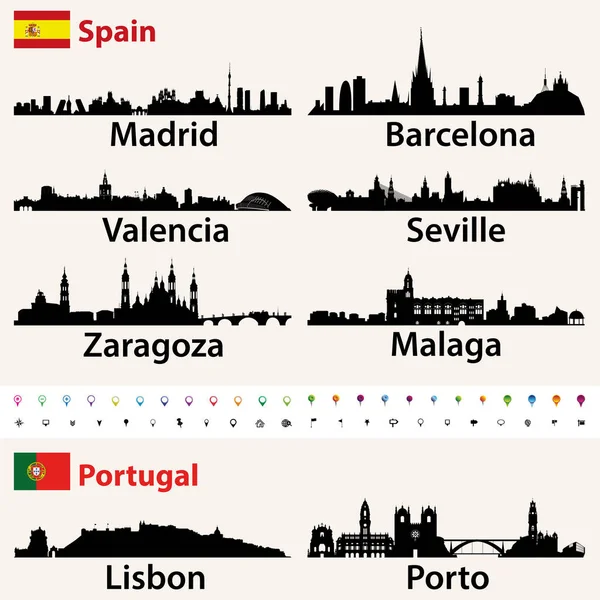 Spagna Portogallo Più Grandi Città Skylines Silhouettes Vector Set — Vettoriale Stock