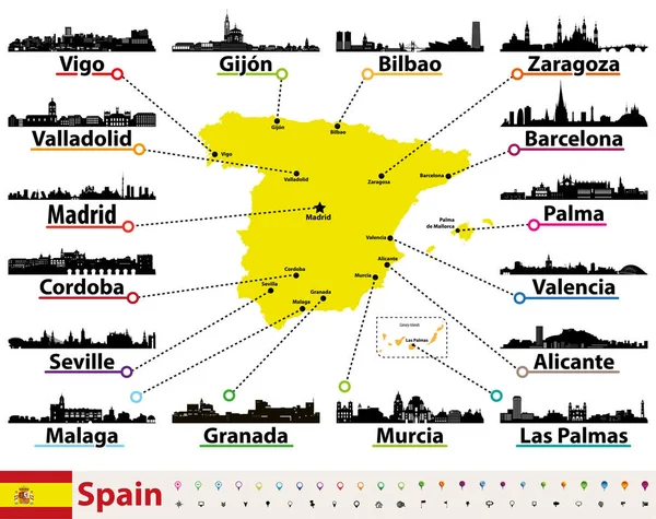 Vector Map Spain Largest Cities Skylines Silhouettes — Stock Vector