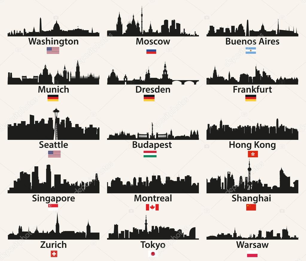 vector world city skylines silhouettes with flags