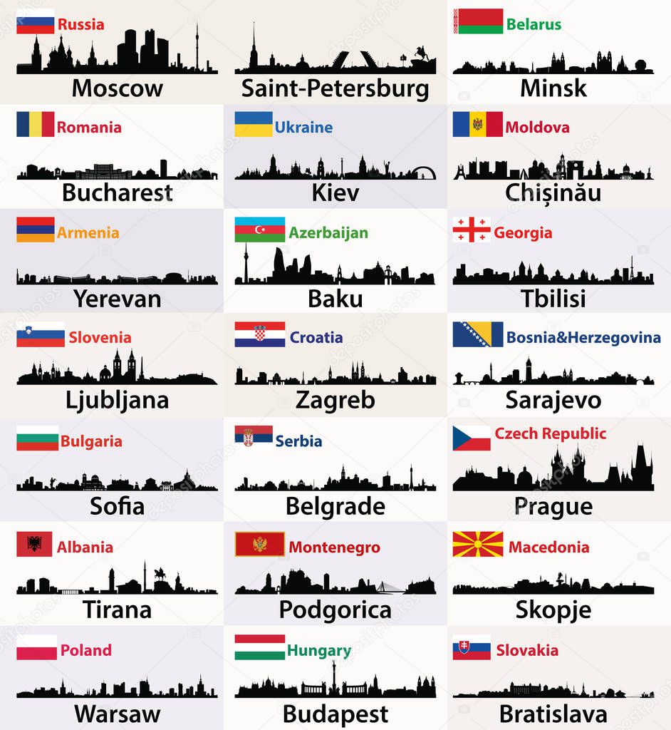 vector silhouettes of East European cities skylines with countries flags