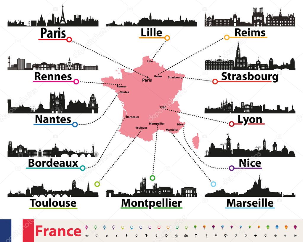 France map with largest cities skylines silhouettes vector set