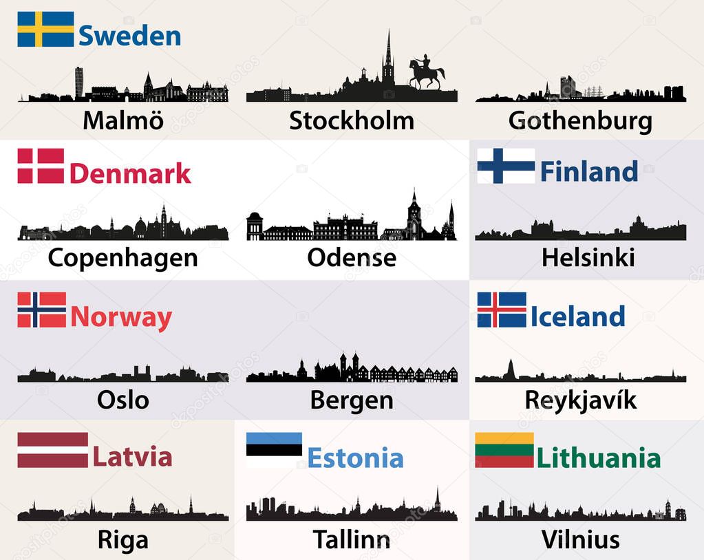 vector cities skylines silhouettes of Scandinavian and North European countries