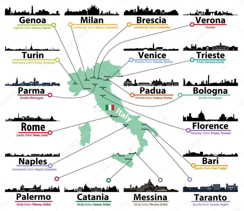 Italy map with largest italian cities skylines silhouettes vector set