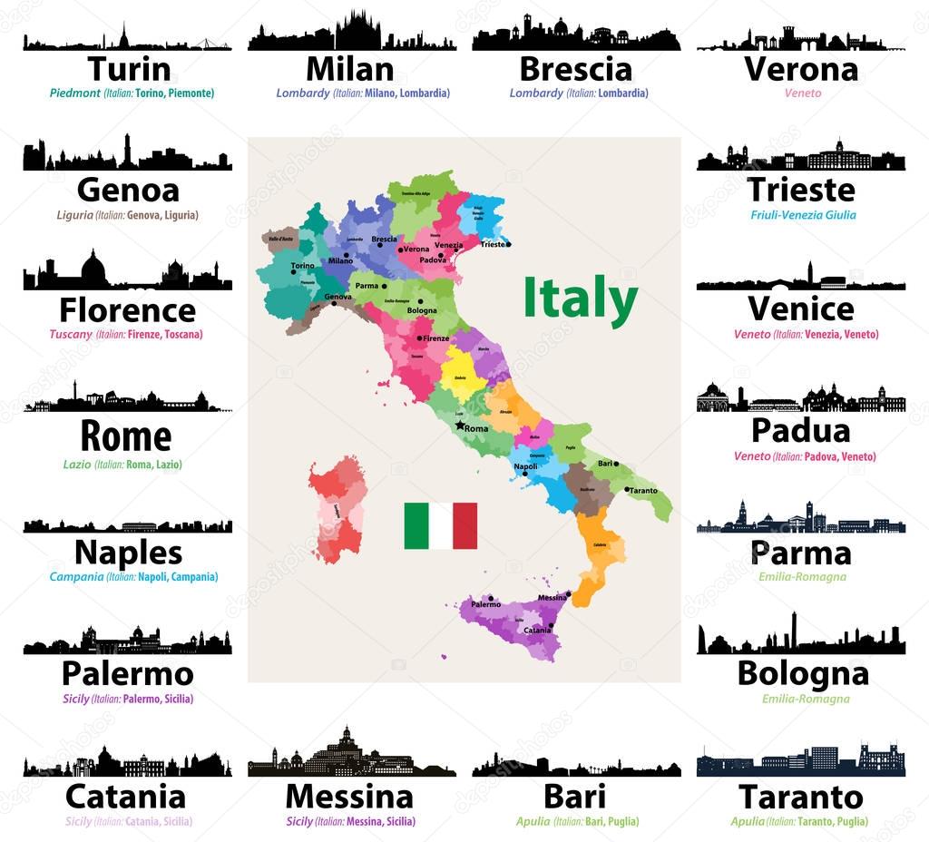 map of Italy with largest italian cities skylines silhouettes