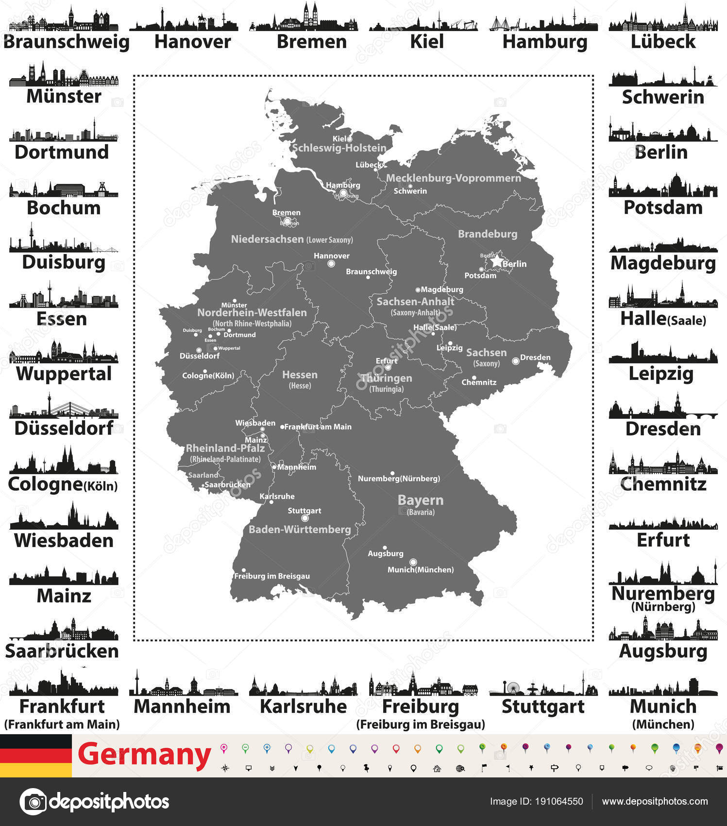 州首都と最大都市スカイライン シルエット ドイツ地図 Stock Vector by ©Jktu_21 191064550