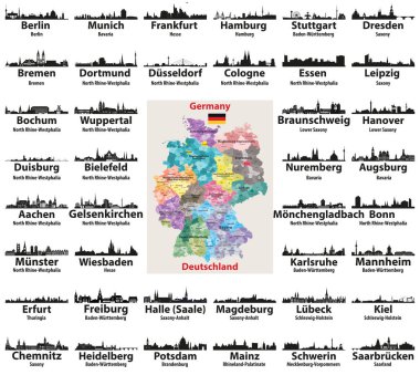 Germany map with largest cities skylines silhouettes vector set