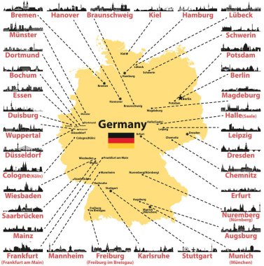 Almanya vektör harita Birleşik Devletleri başkentleri ve beyaz arka plan üzerinde en büyük şehirler silüetini siluetleri ile
