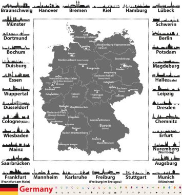 Germany map with state capitals and largest cities skylines silhouettes clipart