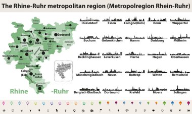 Ren-Ruhr metropolitam alan vektör harita en büyük şehirler silüetini siluetleri ile