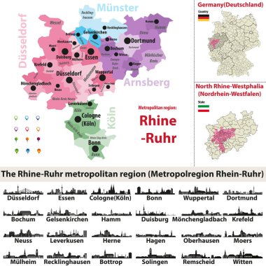 Ren-Ruhr metropolitan bölgesi vektör harita en büyük şehirler silüetini siluetleri ile