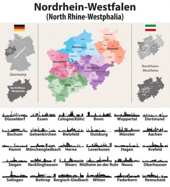 Germany state North Rhine-Westphalia high detailed vector map with largest cities skylines silhouettes clipart