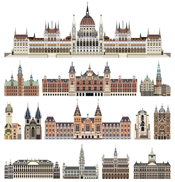 Vector Conjunto Catedrales Aisladas Palacios Casas Edificios Otros Elementos Skylines — Archivo Imágenes Vectoriales