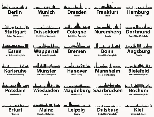 Alemania Ciudades Más Grandes Skylines Siluetas Vector Conjunto — Archivo Imágenes Vectoriales