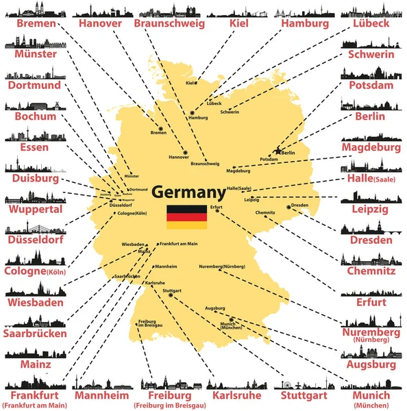 Duitsland Vector Kaart Met Staten Hoofdsteden Grootste Citites Skylines Silhouetten — Stockvector