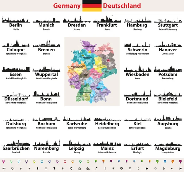 Χάρτης Γερμανίας Μεγαλύτερες Πόλεις Skylines Σιλουέτες Vector Σύνολο — Διανυσματικό Αρχείο