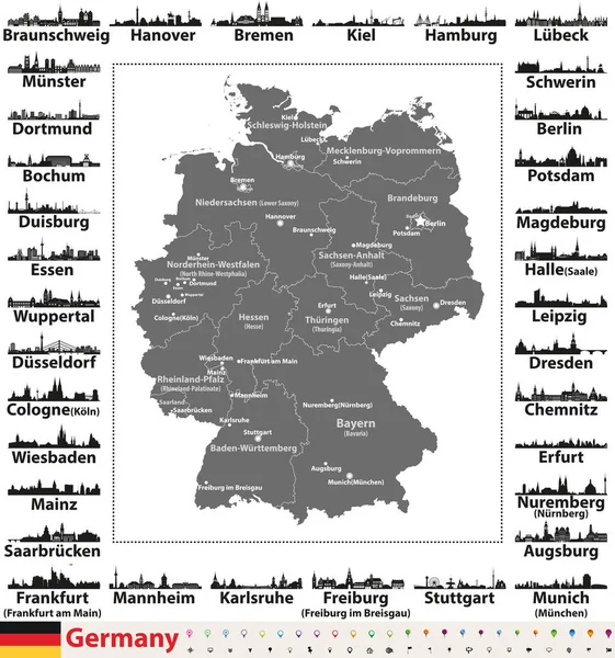 Mapa Alemania Con Capitales Estatales Siluetas Los Skylines Las Ciudades — Archivo Imágenes Vectoriales