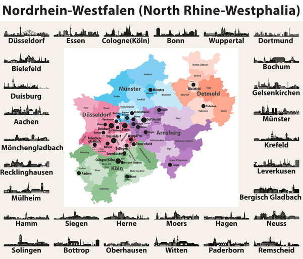Germany state North Rhine-Westphalia high detailed vector map with largest cities skylines silhouettes