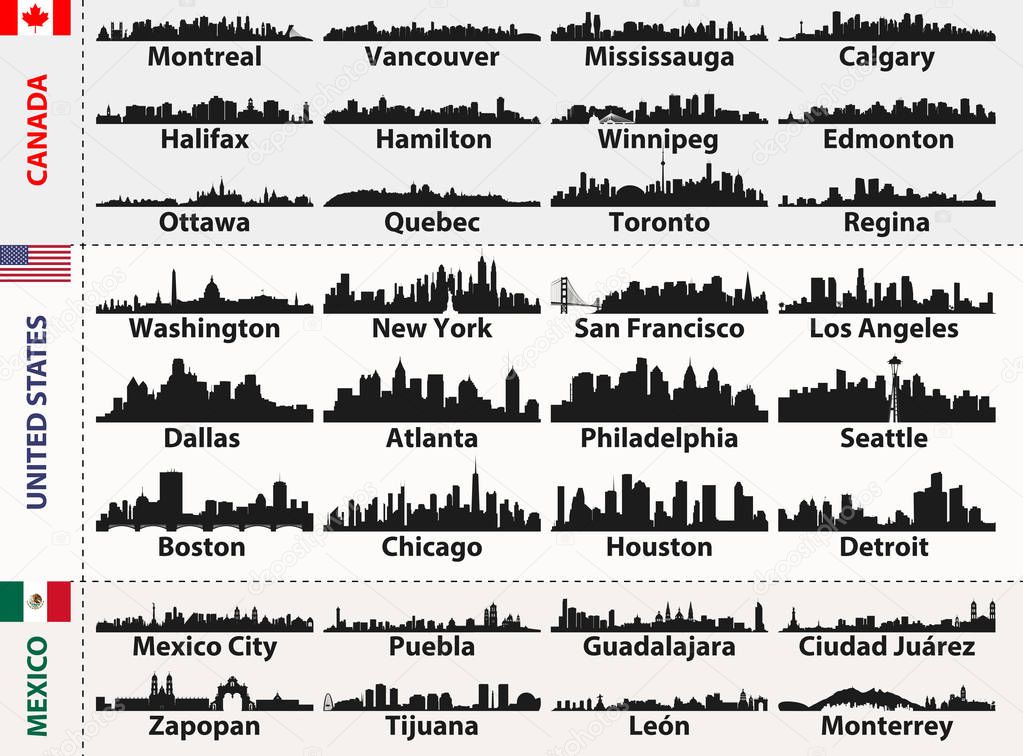 vector set of Central and South America cities abstract skylines silhouettes