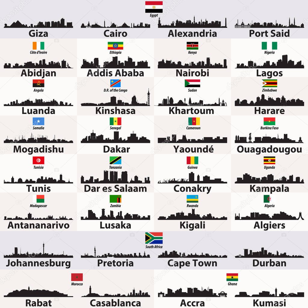 vector set of african cities abstract skylines silhouettes