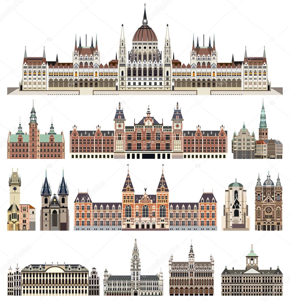 vector set of isolated cathedrals, palaces, houses, buildings,  and other cities street's skylines elements