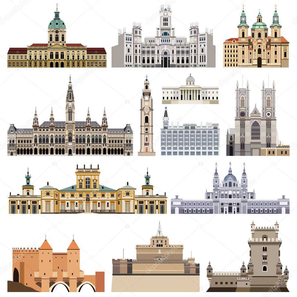vector set of abstract castles, houses, buildings, palaces and other elements and landmarks of city skyline