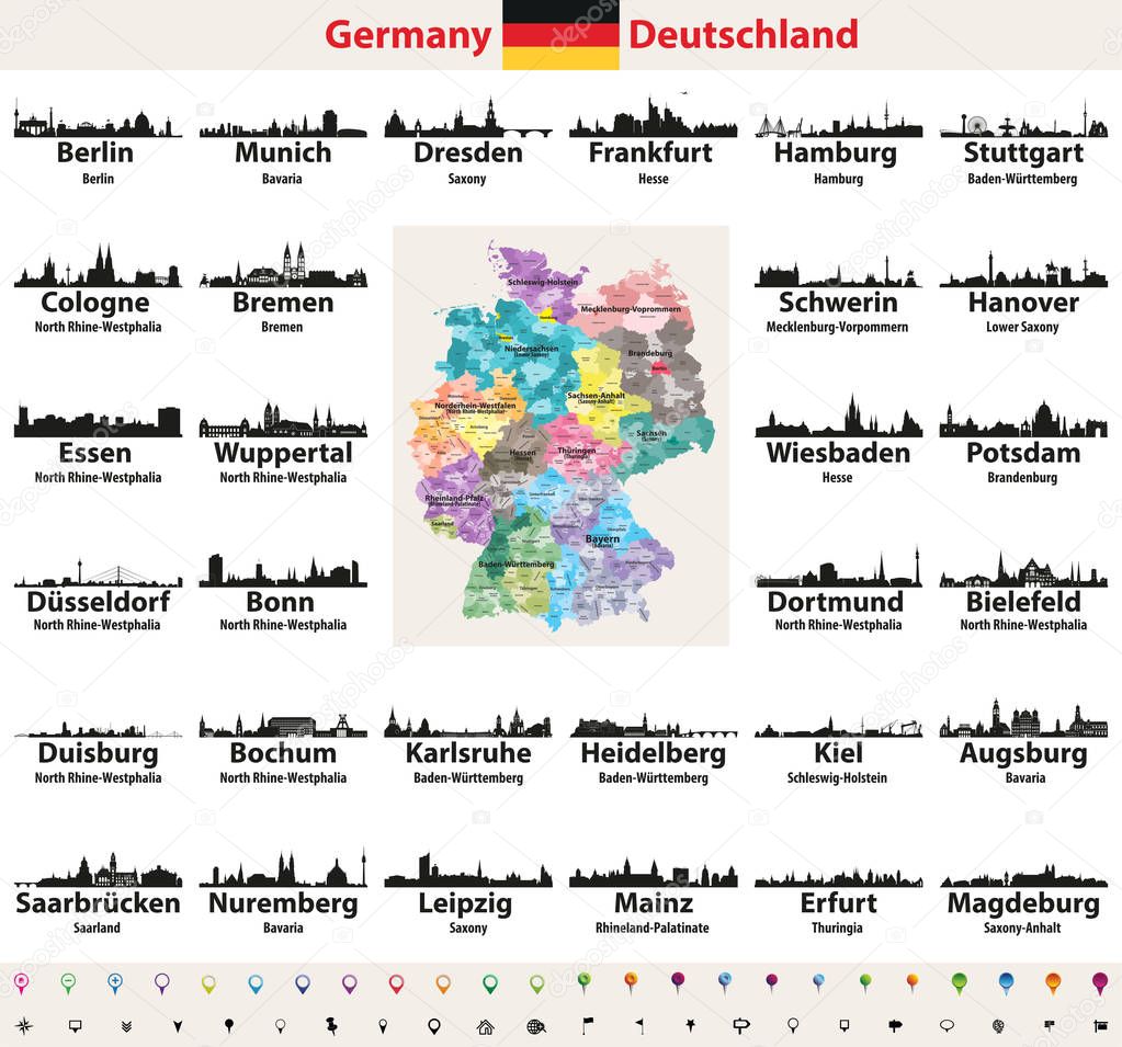 Germany map with largest cities skylines silhouettes vector set