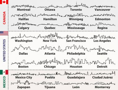 Canada, United States and Mexico cities skylines silhouettes clipart