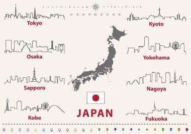 Japonya şehirler silüetini Japon bayrağı ve harita ile anahat simgeleri vektör