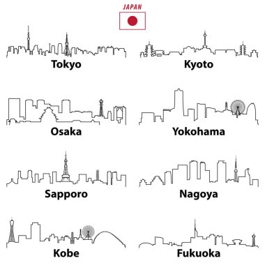 Japonya şehirler silüetini vektör anahat simgeleri