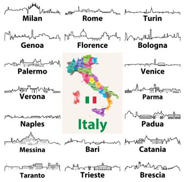 vector outline icons of Italian cities skylines with map and flag of Italy clipart