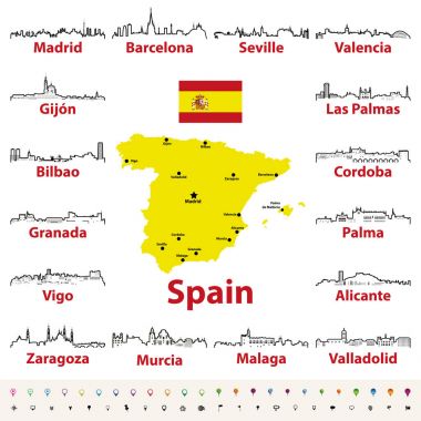 vector outline icons of Spain cities skylines with map and flag of Spain clipart