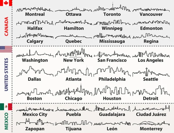 Canada Verenigde Staten Mexico Steden Skylines Silhouetten — Stockvector