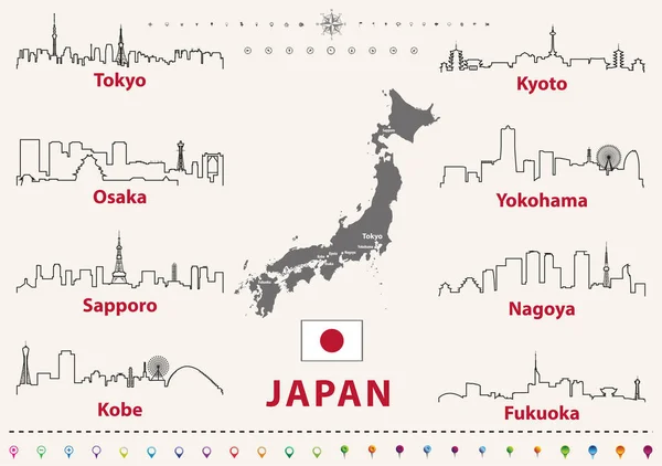 Vektorové Ikony Obrys Panoramata Japonskou Vlajkou Mapa Japonska — Stockový vektor