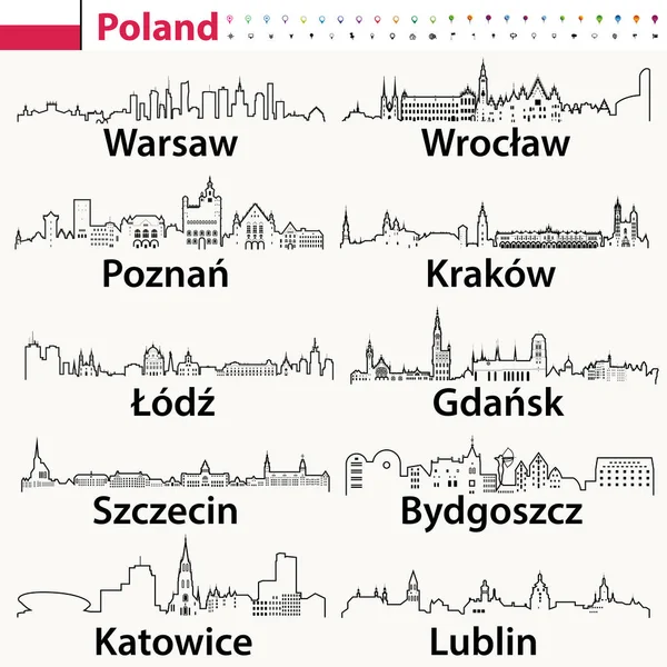 Vector Contorno Iconos Polonia Ciudades Skylines — Vector de stock