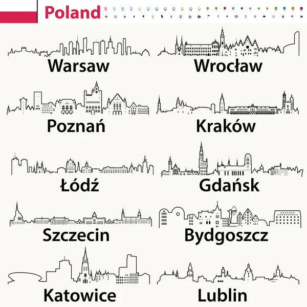 Vector Overzicht Pictogrammen Van Poolse Steden Skylines — Stockvector