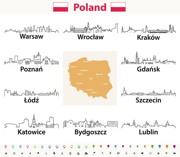 vector outline icons of Poland cities skylines with polish map and flag