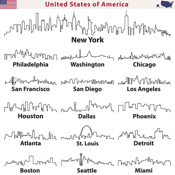 Vector Outlines Icons United States Cities Skylines — Stock Vector