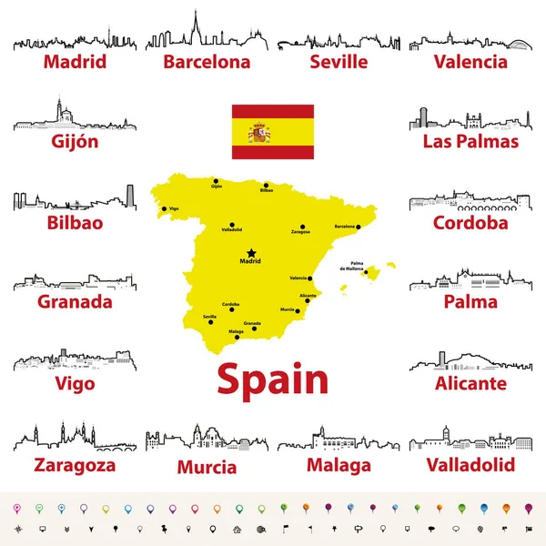 Ícones Contorno Vetorial Cidades Espanha Skylines Com Mapa Bandeira Espanha —  Vetores de Stock