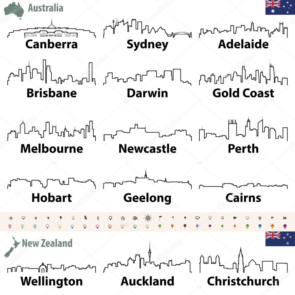 vector outline icons of Australia and New Zealand cities skylines