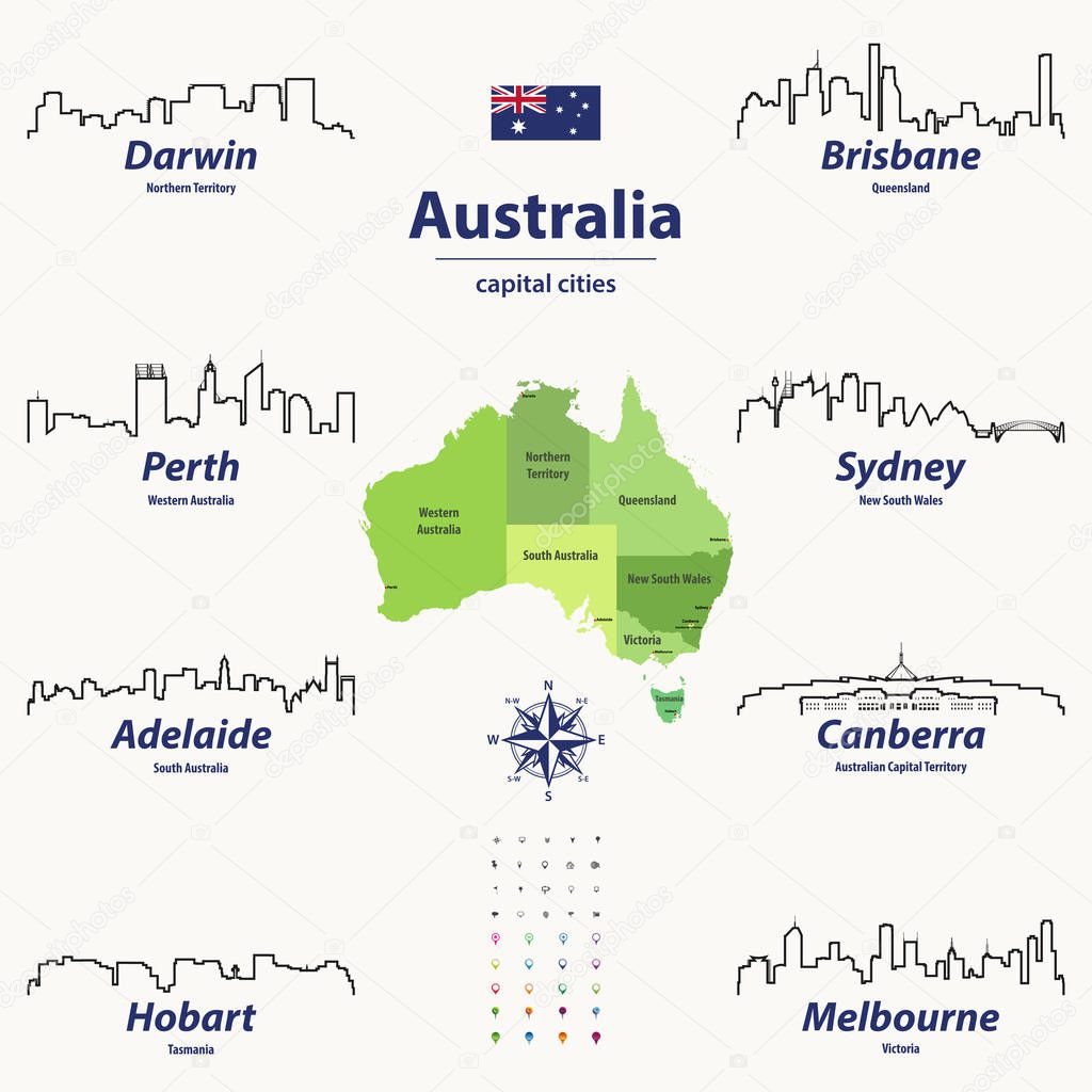 vector outline icons of Australia cities skylines