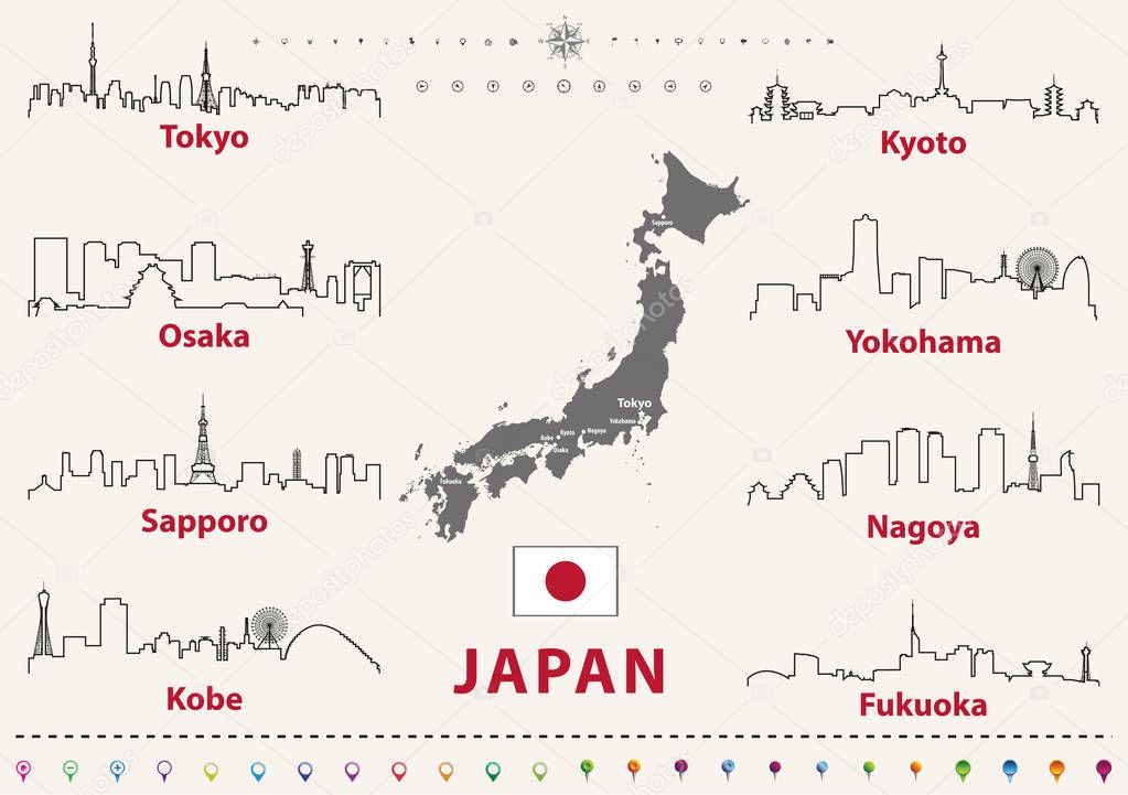 vector outline icons of Japan cities skylines with japanese flag and map