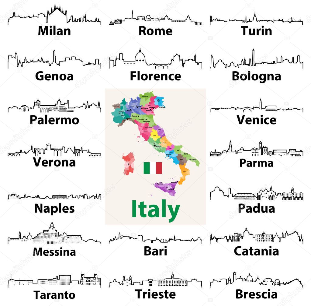 vector outline icons of Italian cities skylines with map and flag of Italy