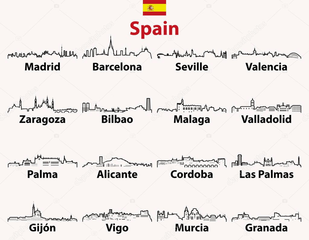 vector outline icons of Spain cities skylines