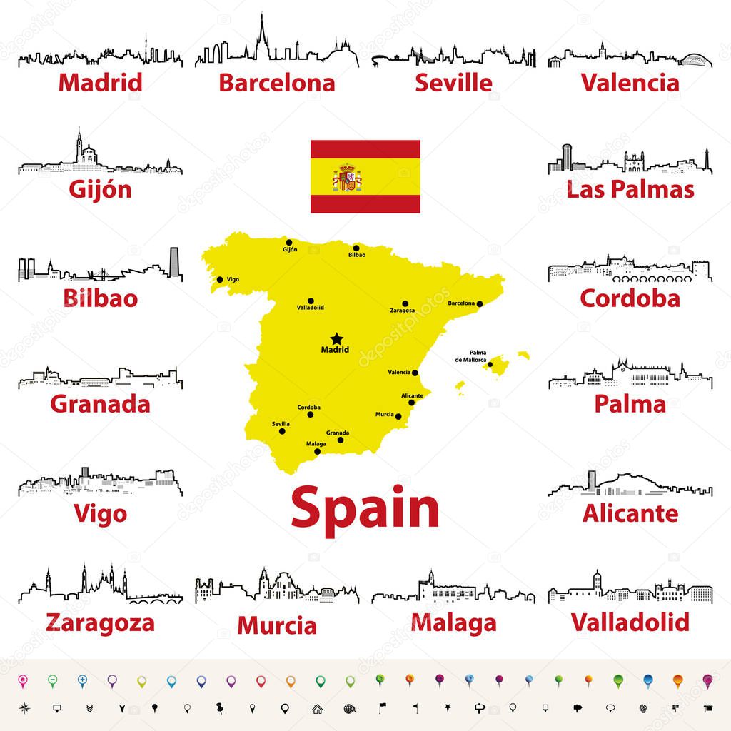vector outline icons of Spain cities skylines with map and flag of Spain
